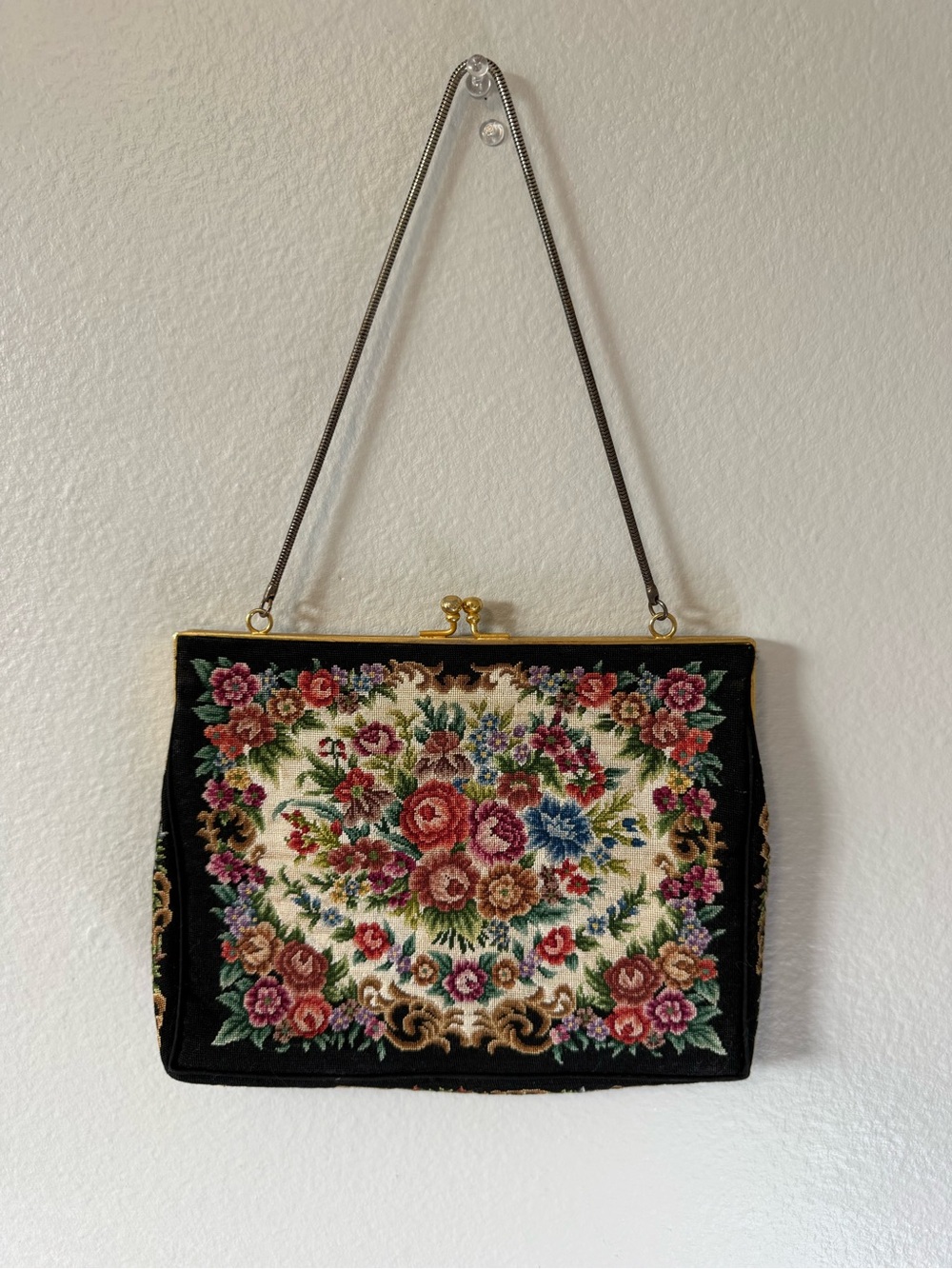 Vintage 1950’s Floral Needlepoint Shoulder Bag in Black